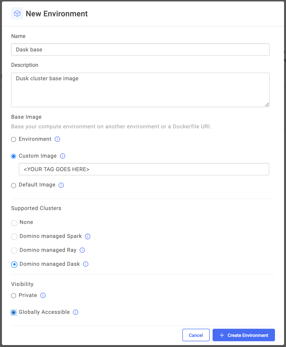 new dask base environment modal