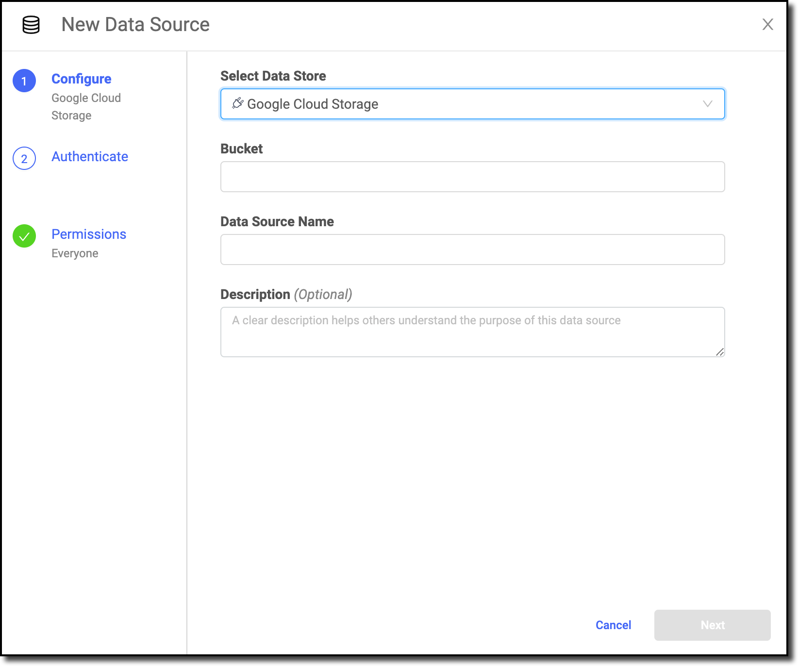 Select Google Cloud Storage as the Data Source