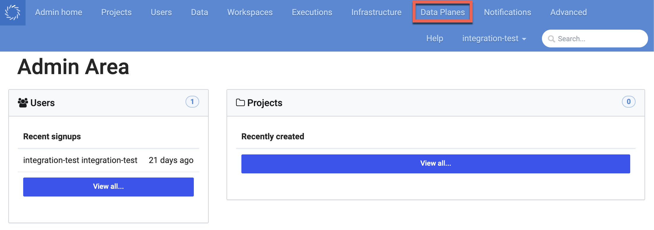 Data Planes link at the top of the Admin UI