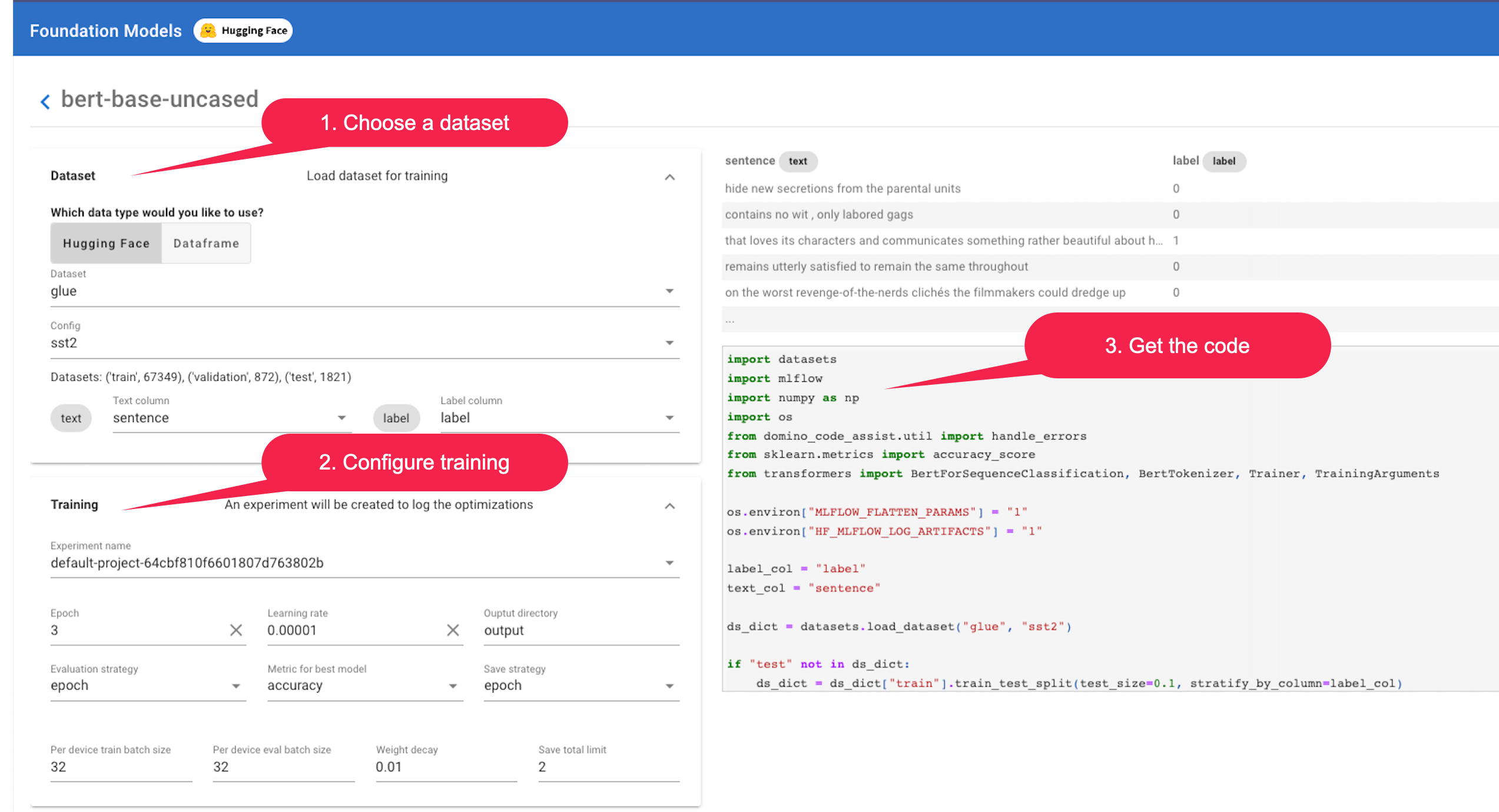 dataset configuration screen