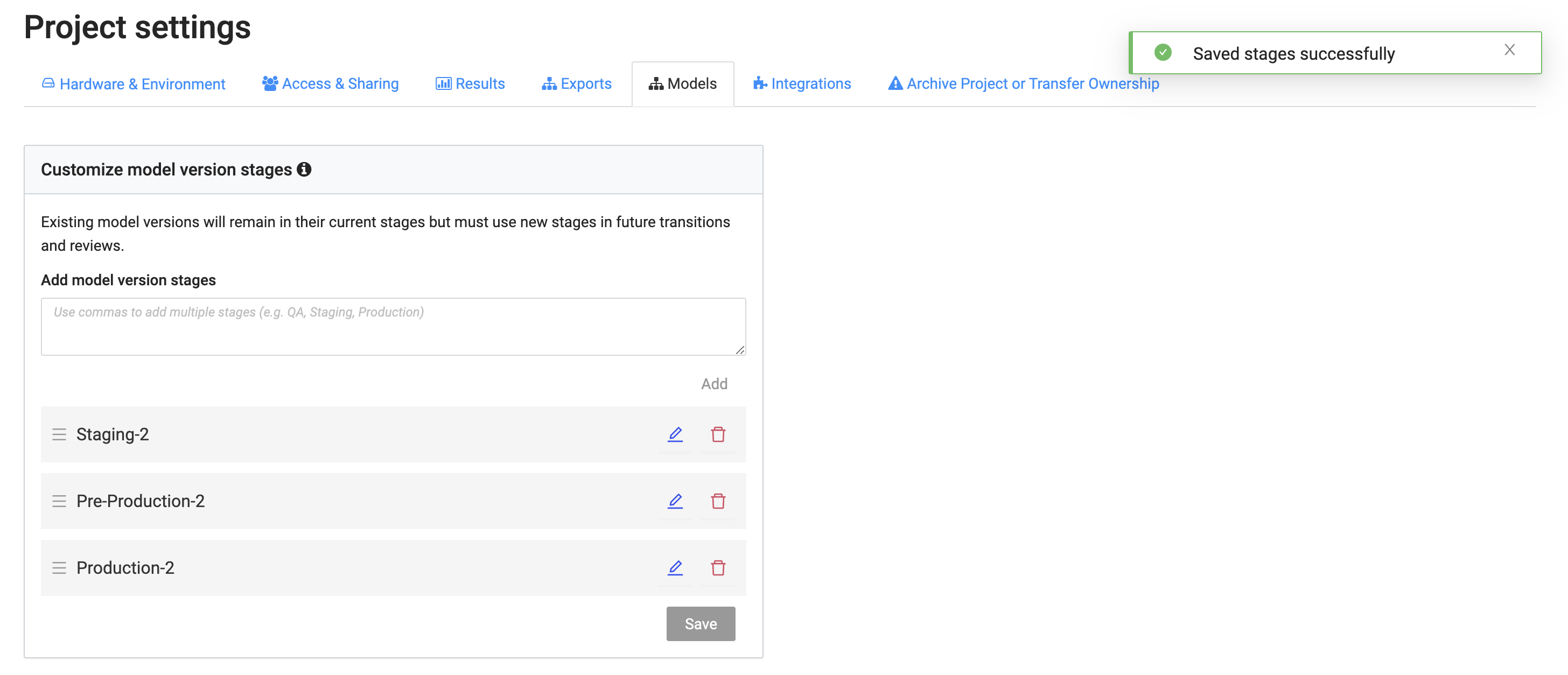 add, modify or order project level custom stages