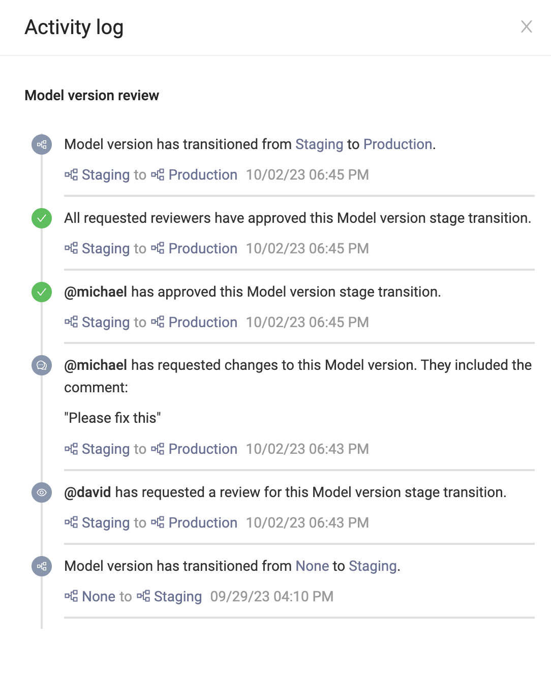 see a model version’s review activity