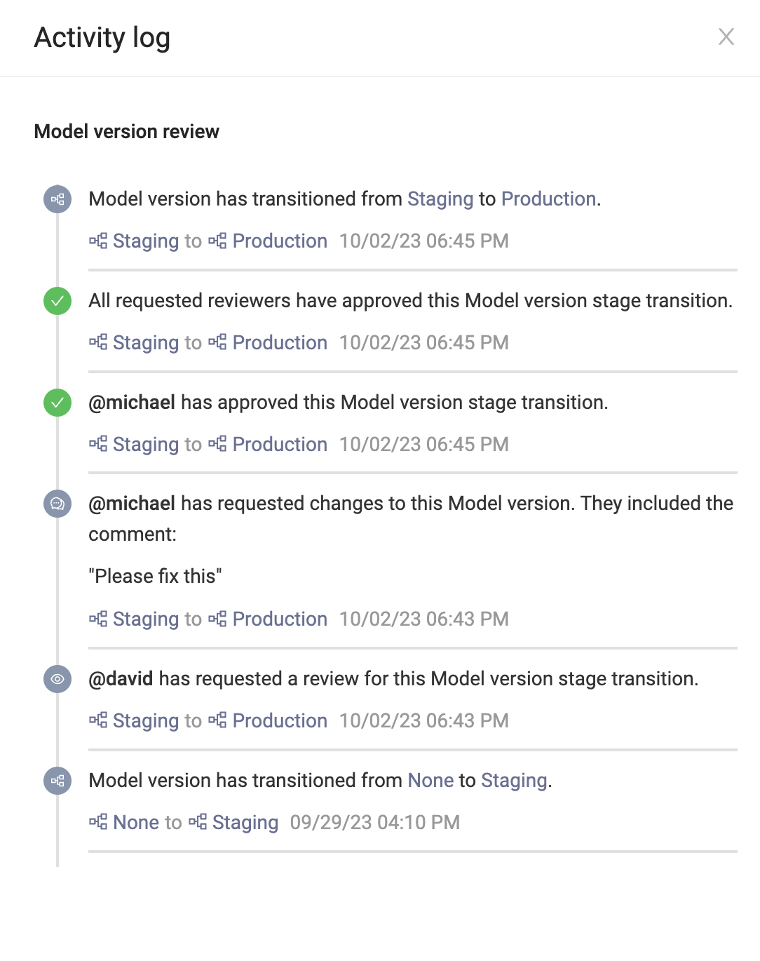 See a model version’s review activity