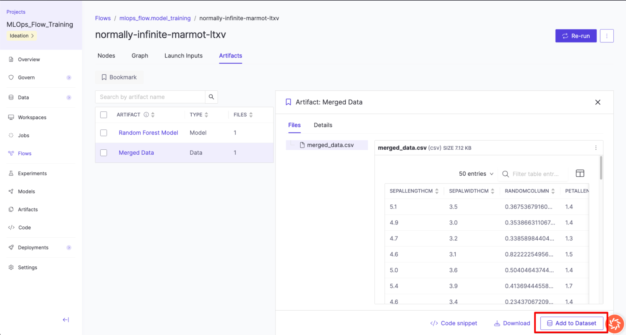 Add artifact to Dataset