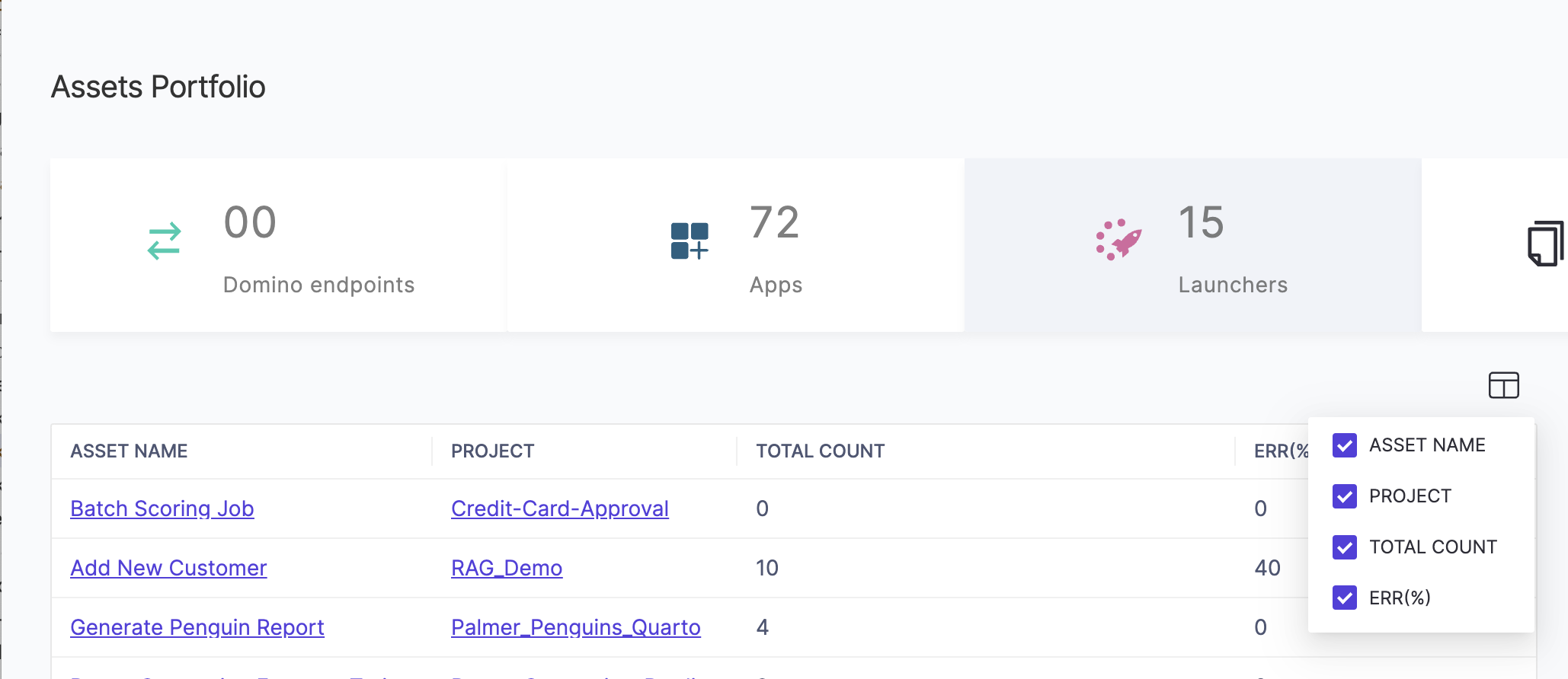 Assets column picker