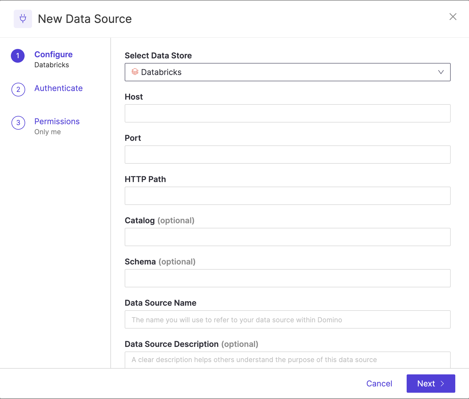 Modal with input parameters for the Databricks Data Source