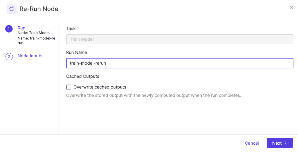 Node Rerun Modal Step 1