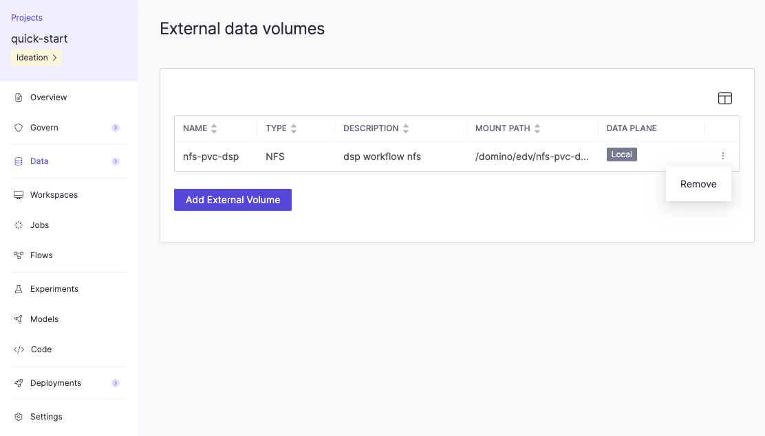 Where to click to remove an external data volume