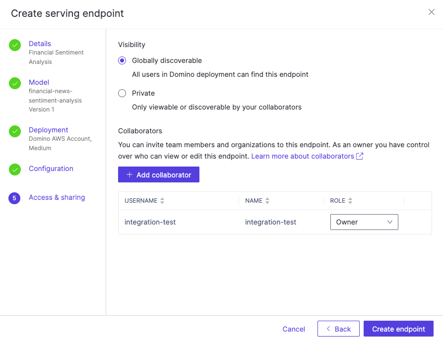 Create Endpoint - Access & Sharing