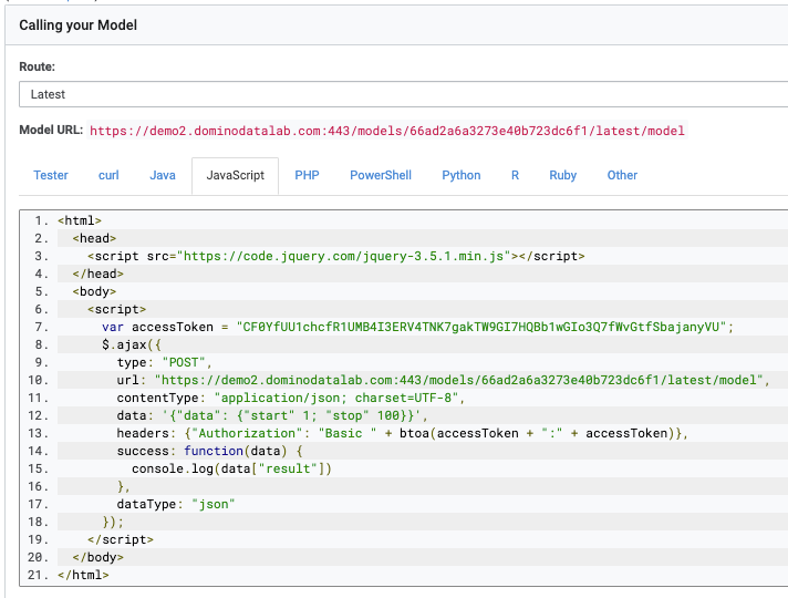 JavaScript application calling the Domino endpoint