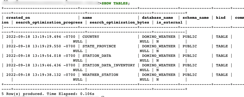 Screenshot of the SnowSQL tool following the execution of the show tables command, listing the tables that were created