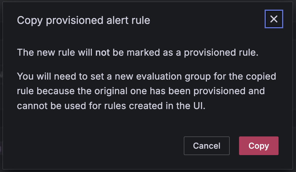 Copy provisioned alert