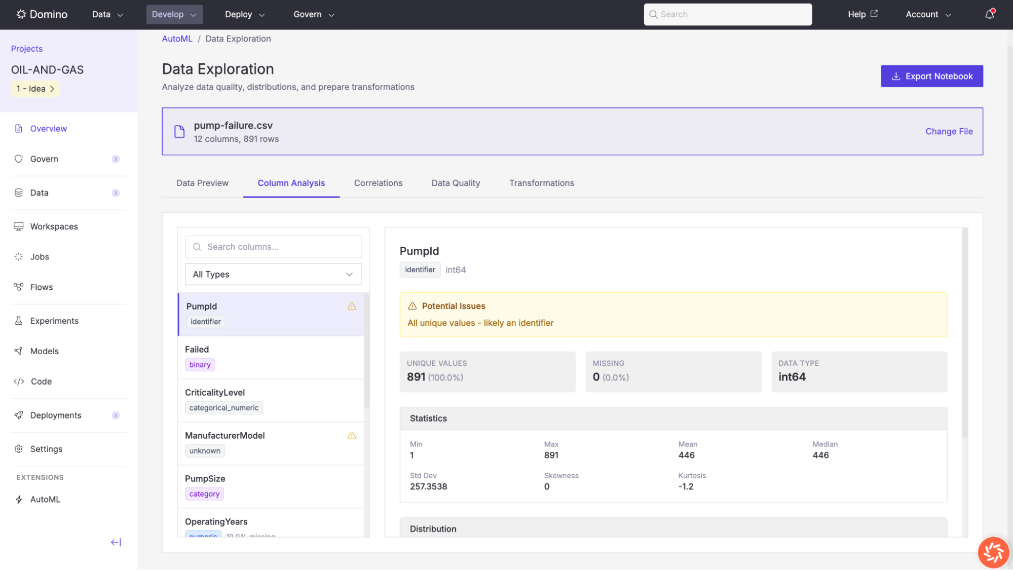 Column Analysis page showing PumpId info