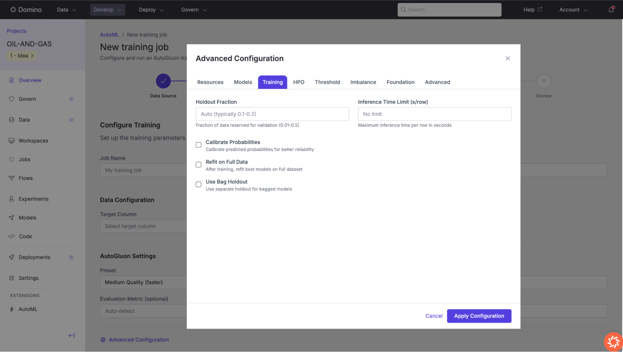Advanced configuration of the model training