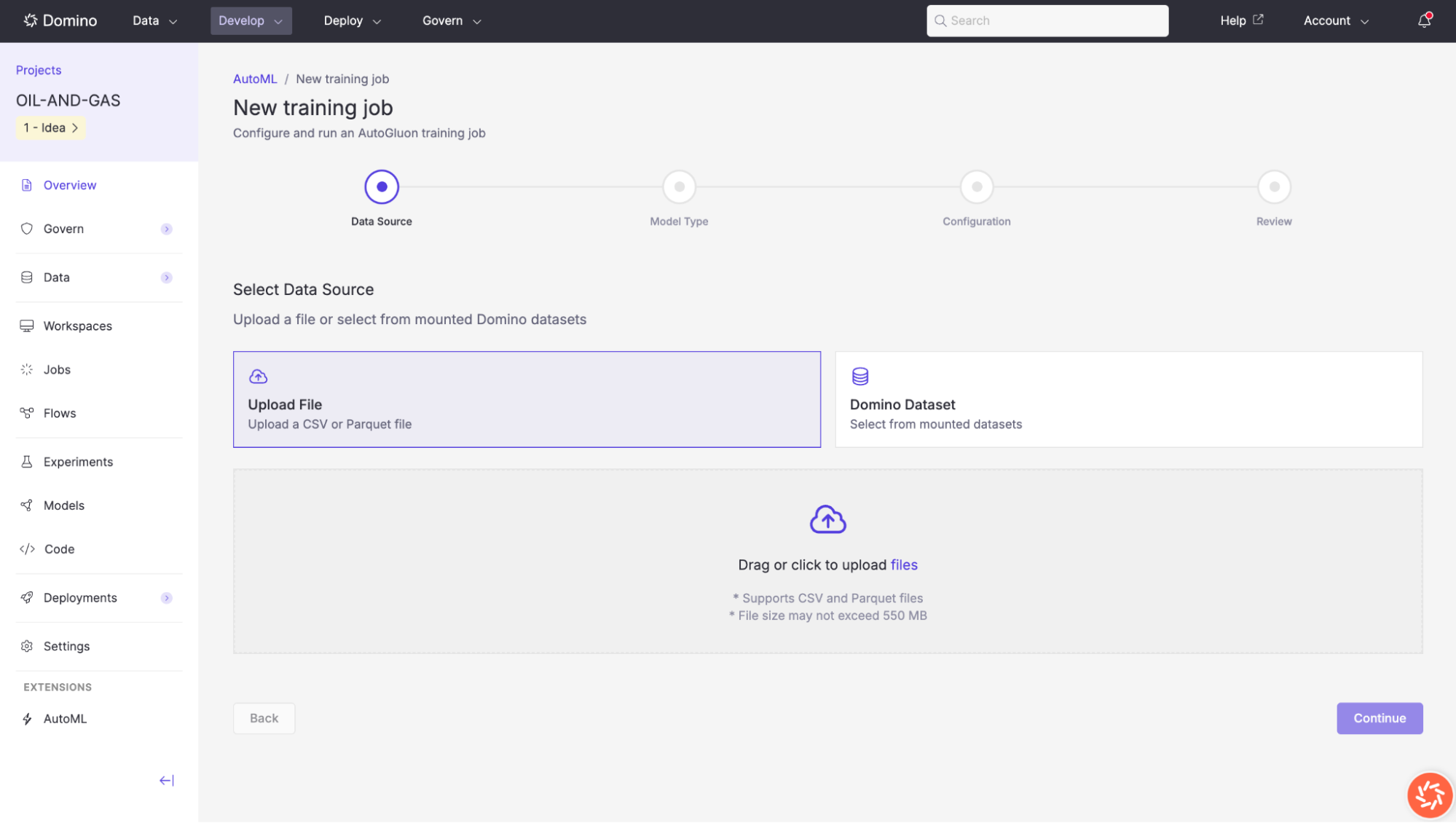 Select a data source for a new training job