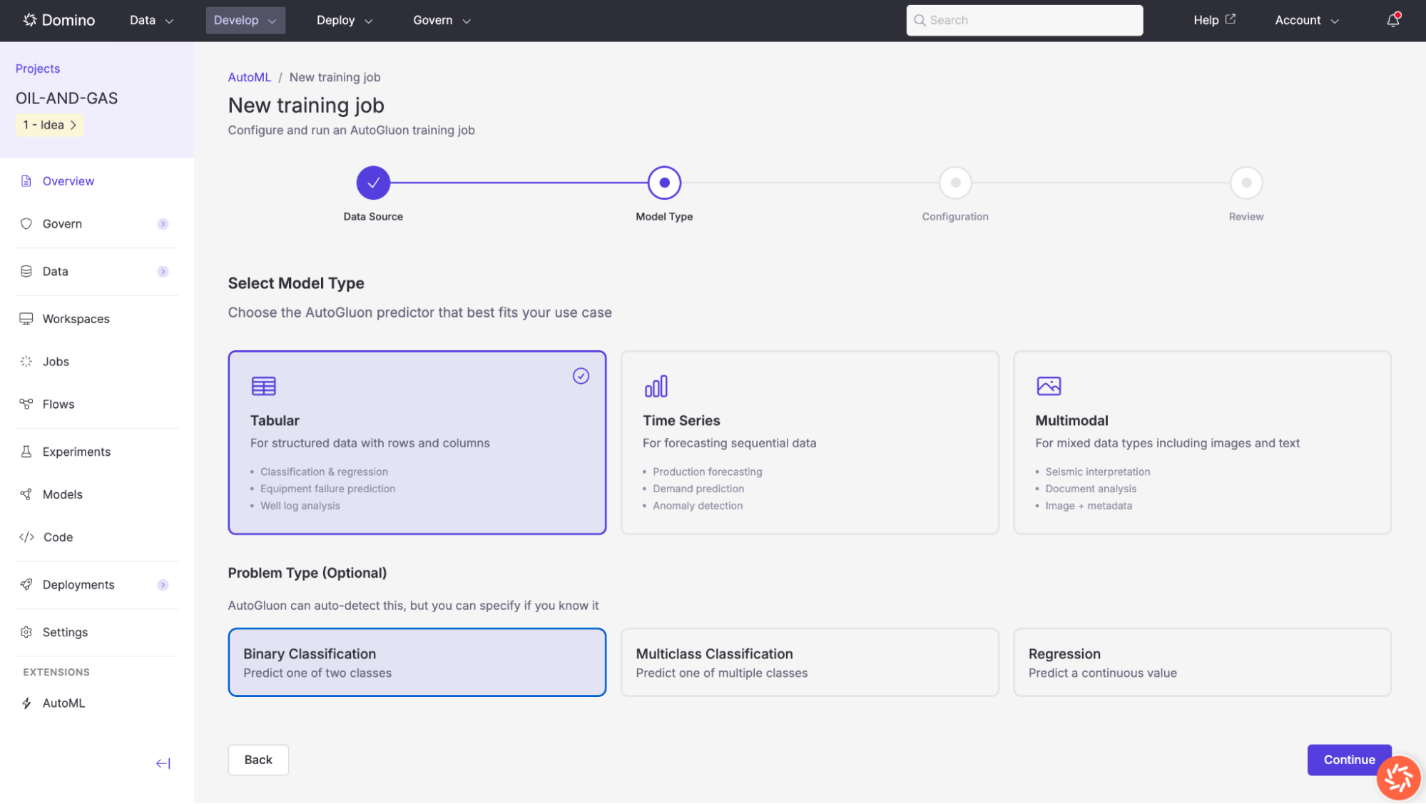 Select a model type for a new training job