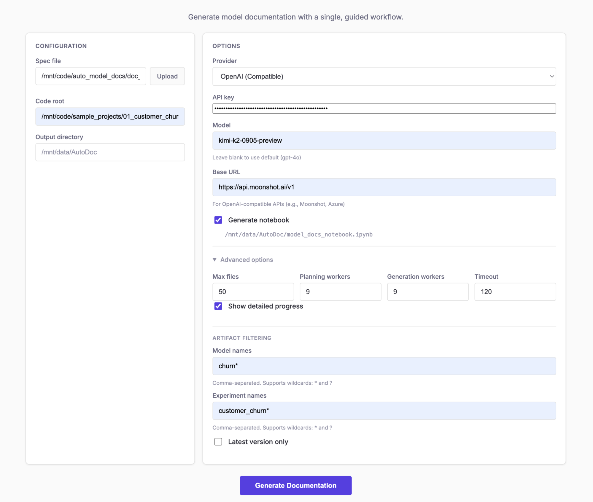 Running a job to generate model documentation