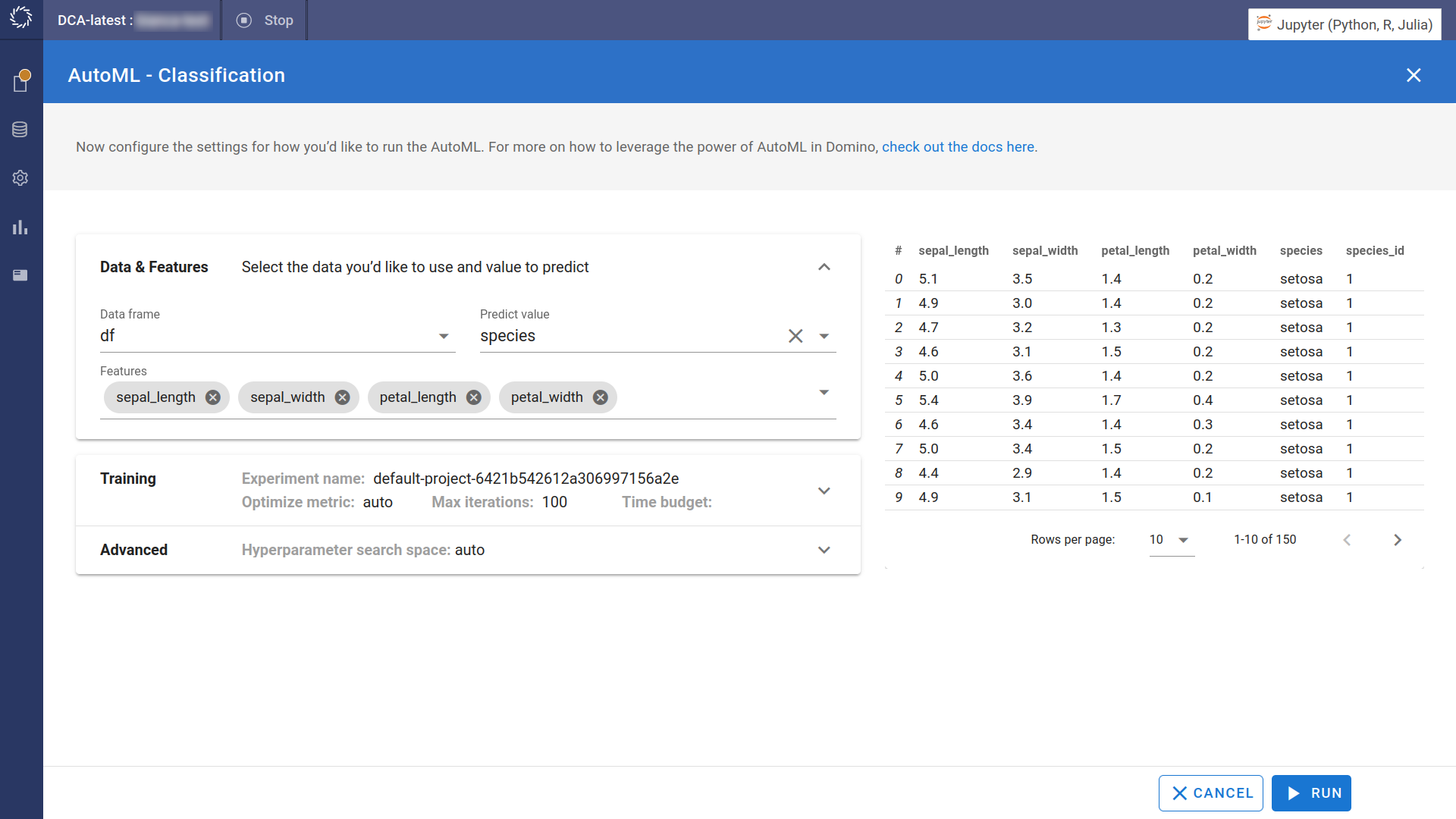 AutoML experiment options 