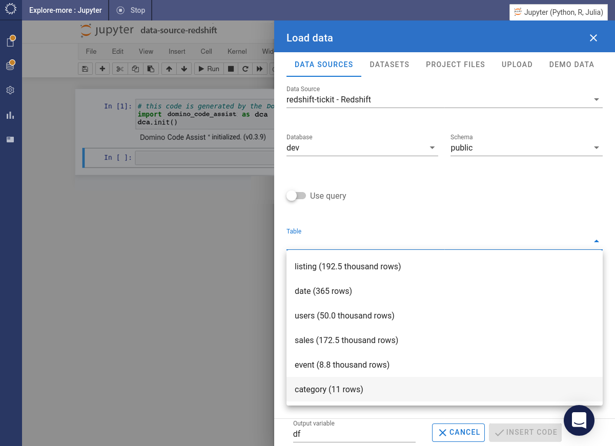 jupyter redshift cluster choose table