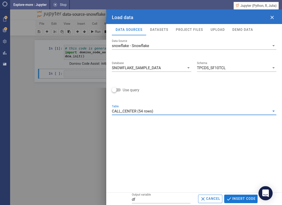 Specify the database and schema then choose a table