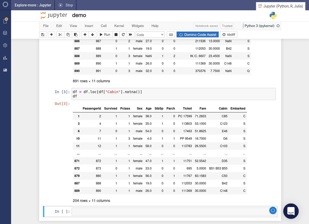 jupyter load data datasets titanic transformations filtered