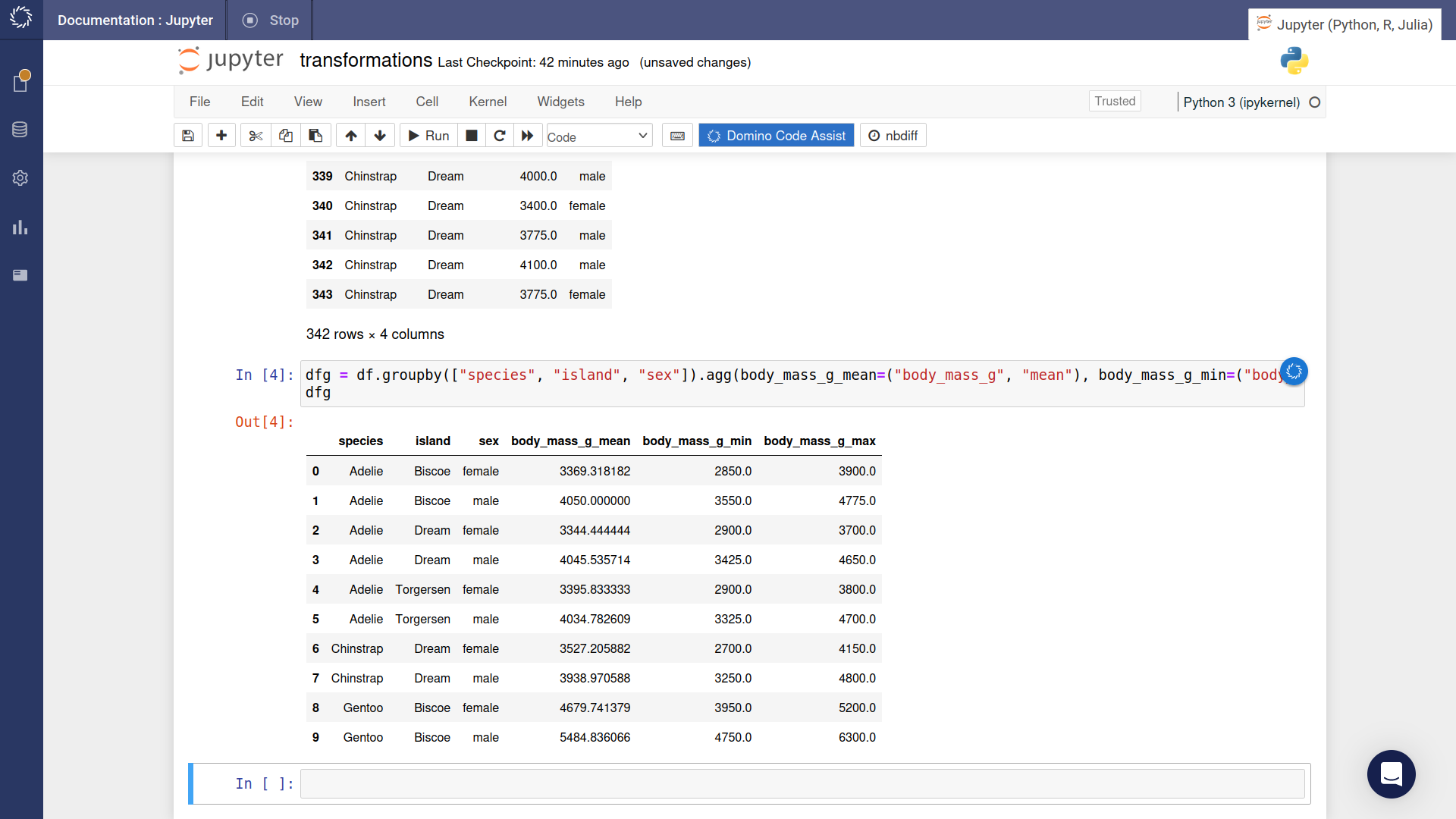 jupyter transformation groupby aggregate insert code