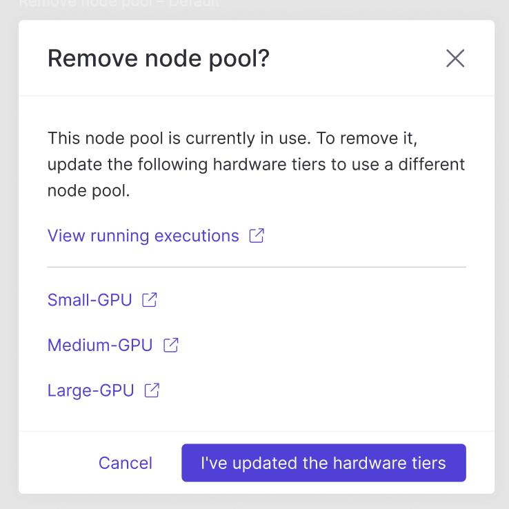 Delete node pool used by hardware tier