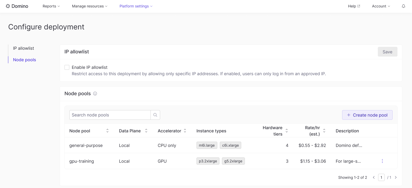 Node pools configuration main page