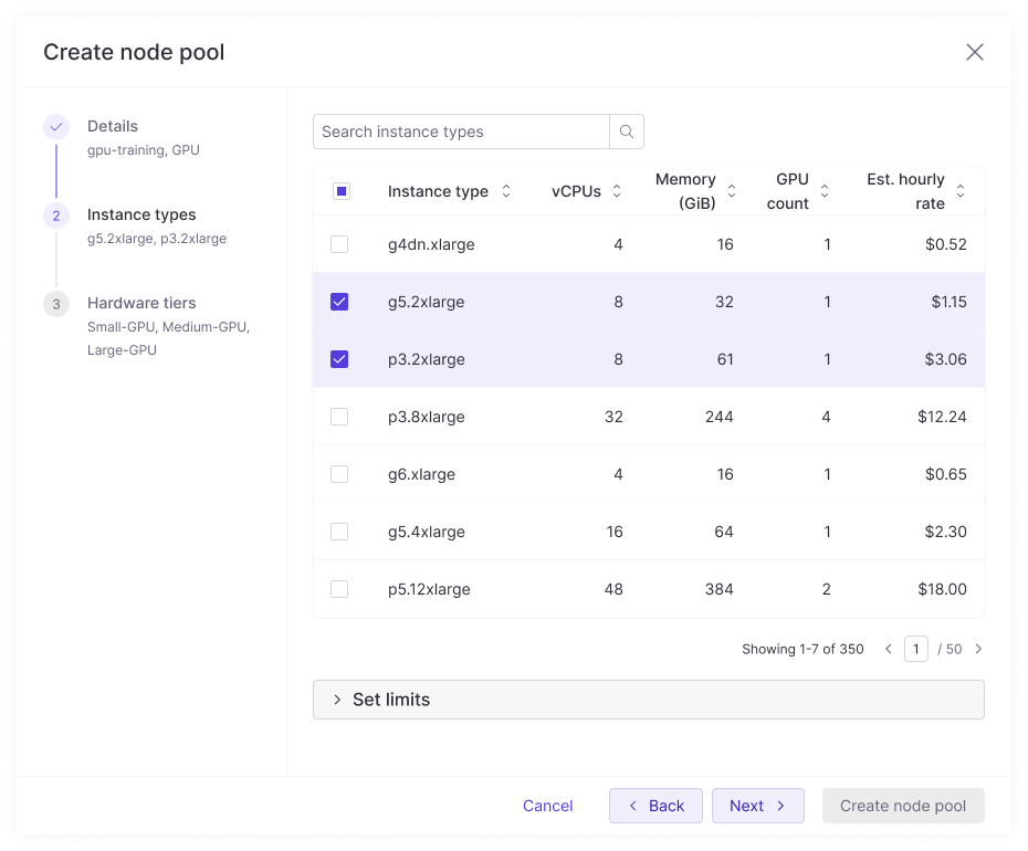 Select instance types for the node pool