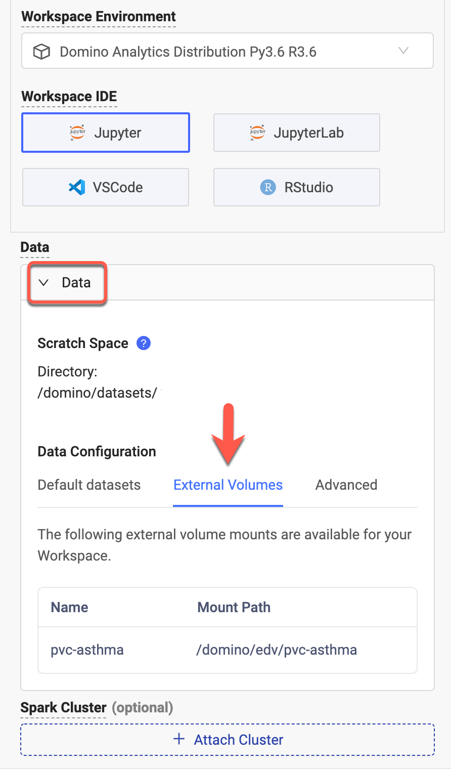 Mount volumes in a Workspace