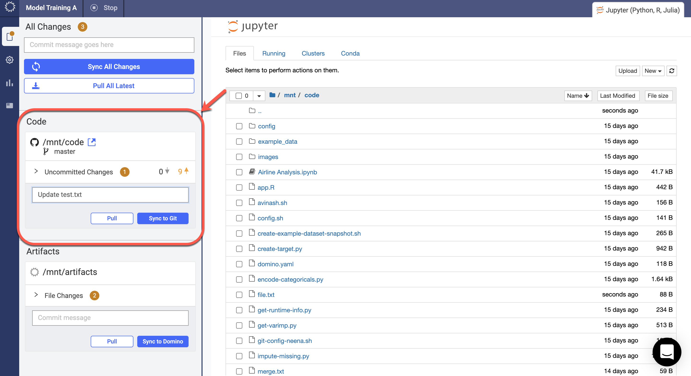 Git controls in a workspace